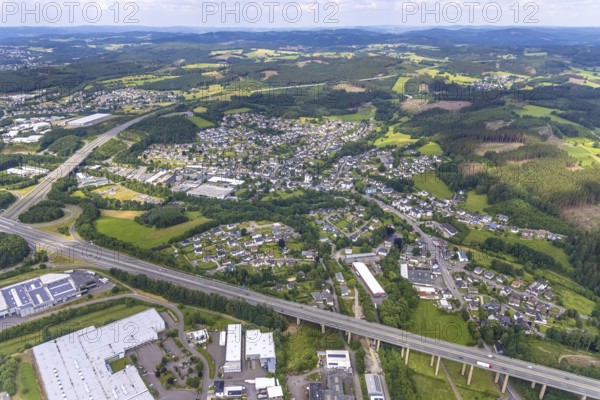 Aerial view, local view Gerlingen at motorway junction Olpe-Süd, A45 and A4, Wenden, Sauerland,