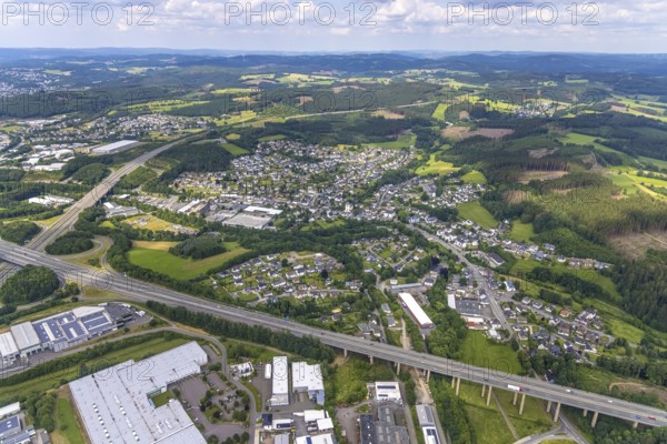 Aerial view, local view Gerlingen at motorway junction Olpe-Süd, A45 and A4, Wenden, Sauerland,