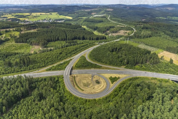 Aerial view, motorway A4, exit Krombach onto the B54, Elben, Schönau, Wenden, Sauerland, North