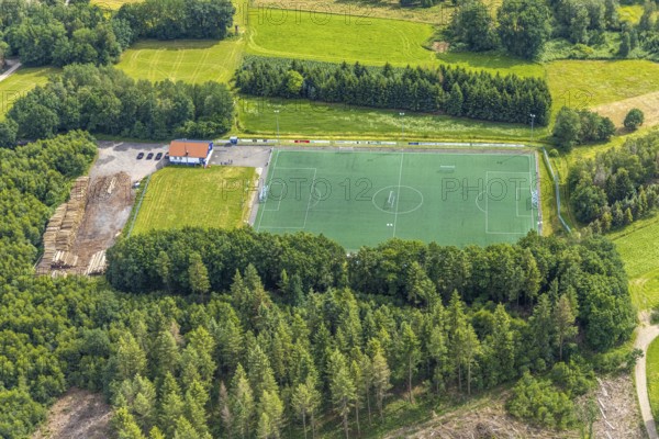 Aerial view, sports field SV Blau-Weiß Hillmicke, Wenden, Sauerland, North Rhine-Westphalia,
