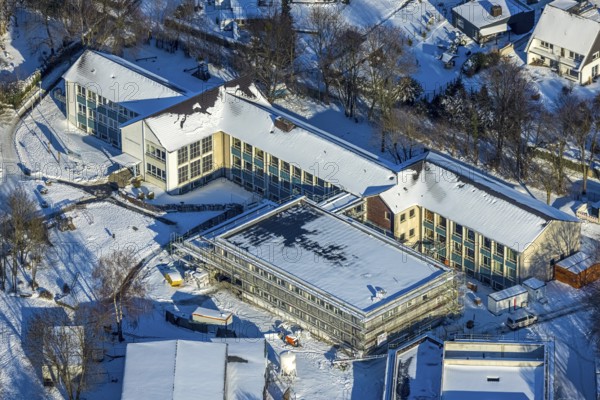 Aerial view, construction site, new building, Walburgisschule, winter, snow, Werl, Soester Börde,