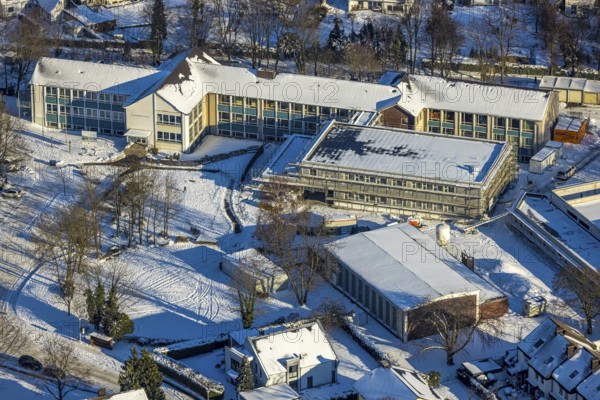 Aerial view, construction site, new building, Walburgisschule, winter, snow, Werl, Soester Börde,
