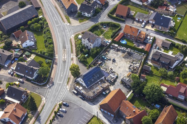 Aerial photo, renovation Lindenschänke eco Hotel with solar roof, Hilbeck, Werl, Soester Börde,