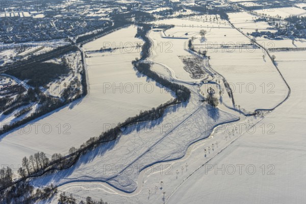Aerial view, Sönnerbach and Salzbach, renaturalised railing, snow-covered, winter, Werl, Soester