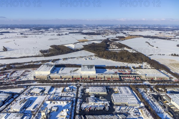 Aerial view, industrial estate KonWerl, ATU warehouse, sewage treatment plant Werl, waste