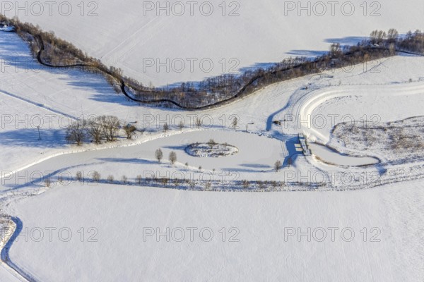 Aerial view, Sönnerbach and Salzbach, renaturalised railing, snow-covered, winter, Werl, Soester