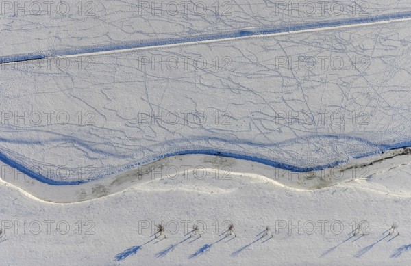 Aerial view, Sönnerbach and Salzbach, renaturalised railing, snow-covered, winter, Werl, Soester