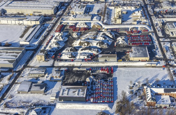 Aerial view, industrial estate KonWerl, winter, snow, Mimberg Spedition-Baustoffe GmbH & Co. KG,