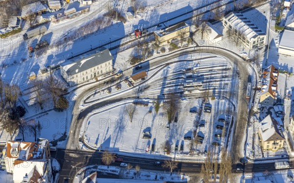 Aerial view, railway station, railway tracks, bus station, winter, snow, Werl, Soester Börde, North