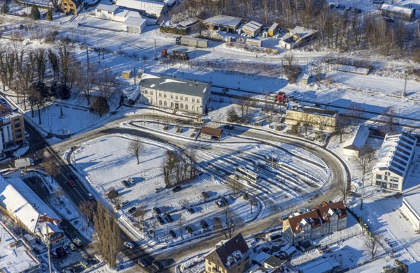 Aerial view, railway station, railway tracks, bus station, winter, snow, Werl, Soester Börde, North