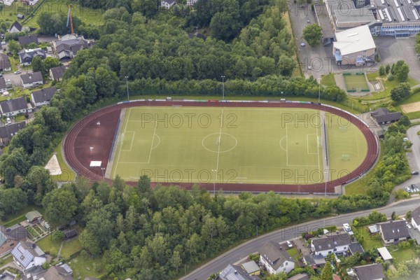 Aerial view, sports field at the comprehensive school Wenden, Möllmicke, Wenden, Sauerland, North