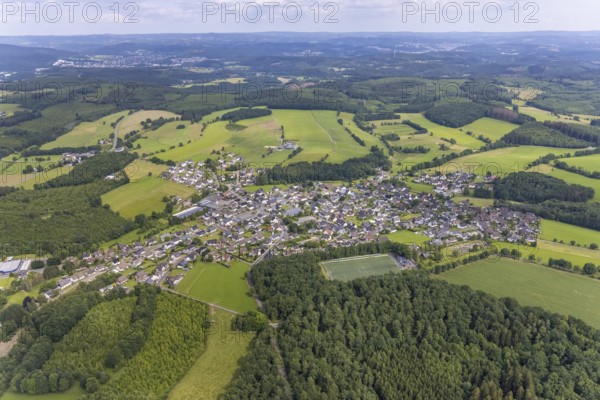Aerial view, local view with sports field Am Winterhagen in Altenhof, Wenden, Sauerland, North
