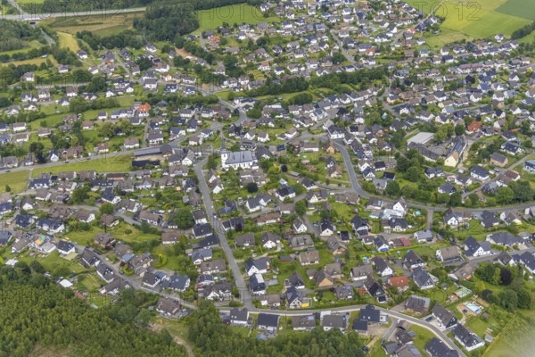Aerial view, catholic church St.Hubertus, local view Ottfingen, Wenden, Sauerland, North