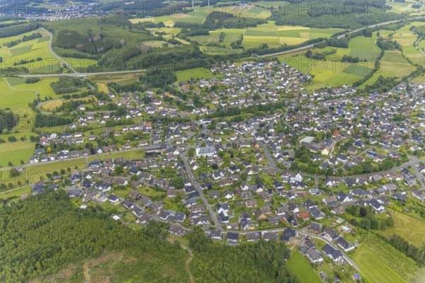 Aerial view, catholic church St.Hubertus, local view Ottfingen, Wenden, Sauerland, North