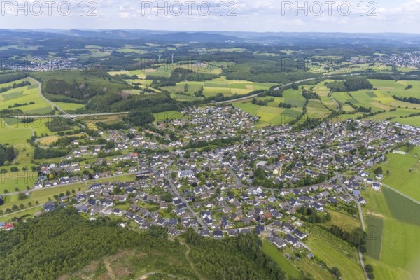 Aerial view, catholic church St.Hubertus, local view Ottfingen, Wenden, Sauerland, North
