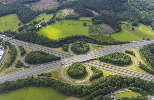 Aerial view, motorway junction Olpe-Süd, Gerlingen, Wenden, Sauerland, North Rhine-Westphalia,