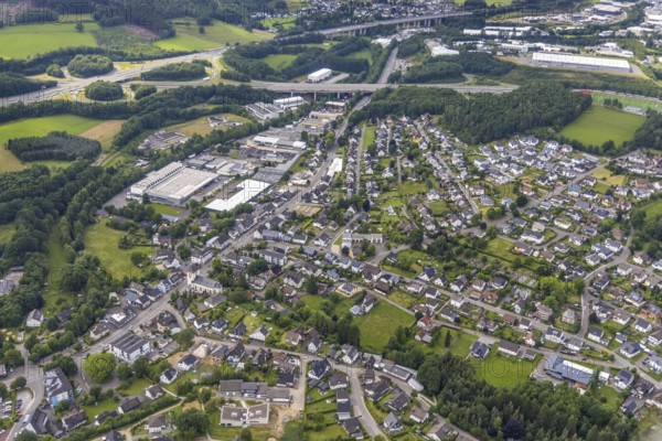 Aerial view, motorway bridge A45 and junction Olpe-Süd at the industrial estate Auf dem Ohl,