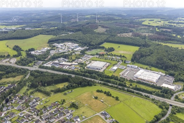 Aerial view, industrial estate Rheinauer Straße, Wesco KG, Weber Haus, Hünsborn, Wenden, Sauerland,
