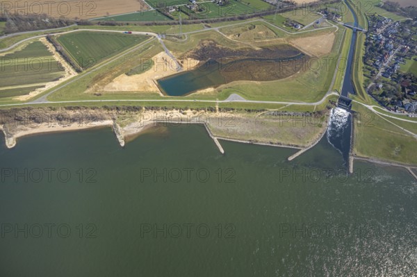 Aerial view, Rhine dyke construction site, Emscher estuary, Emscher estuary drop structure, Emscher