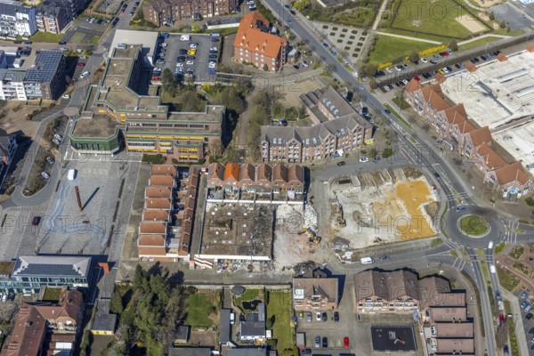 Aerial view, town hall, construction site and demolition for new business centre at the town hall