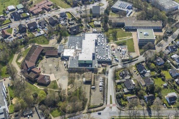 Aerial view, construction site roof renovation and remodelling of the Comenius comprehensive
