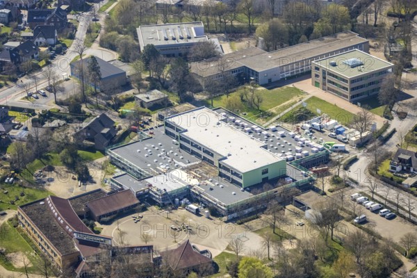 Aerial view, construction site roof renovation and remodelling of the Comenius comprehensive