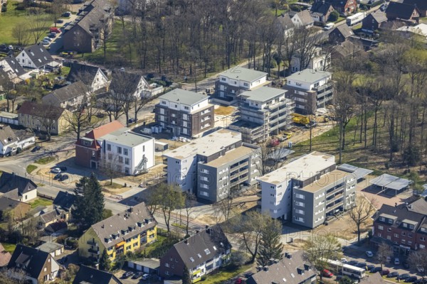 Aerial view, construction site and new residential neighbourhood, Bahnhofstraße corner