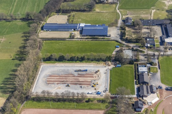 Aerial view, construction site for new sports field, sports centre Voerde, Rönskenstraße,