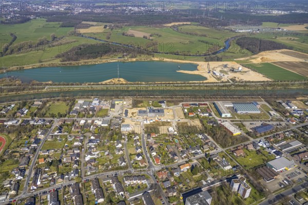 Aerial view, construction site and new building in the industrial estate Friedrichsfeld,