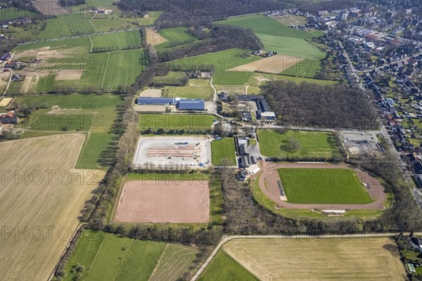 Aerial view, construction site for new sports field, sports centre Voerde, Rönskenstraße,
