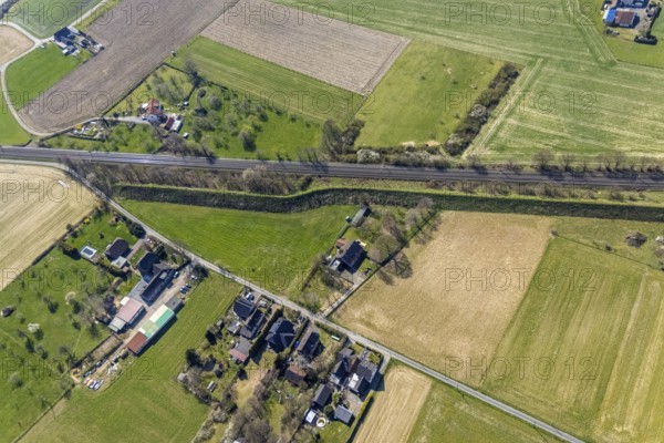 Aerial view, railway tracks Im Hörsken, meadows and fields, noise barrier, Betuweroute, Betuwelijn,