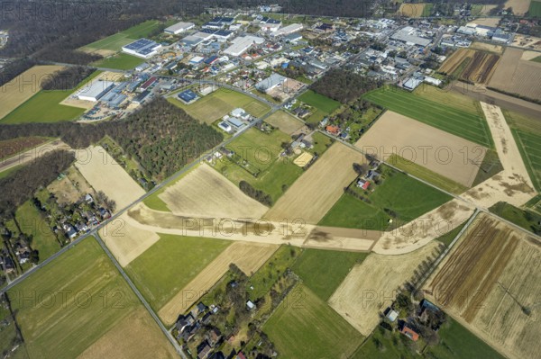 Aerial view, pipeline construction, forest with meadows and fields at the Holthausen industrial