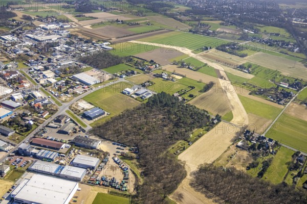 Aerial view, pipeline construction, forest with meadows and fields at the Holthausen industrial