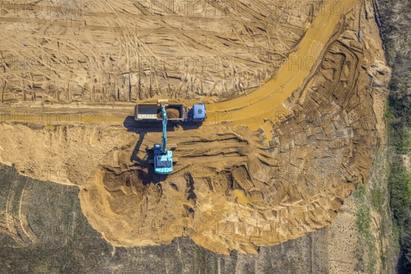 Aerial view, embankments and construction site Böskenstraße for new company settlements, Emmelsum,