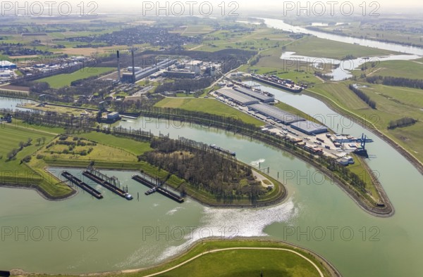 Aerial view, harbour Emmelsum, lock Friedrichsfeld, lock road, river Rhine, Rhine estuary