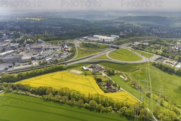 Aerial view, rape fields at the A44 motorway junction Hetterscheidt, Krehwinkler Höfe, Velbert,