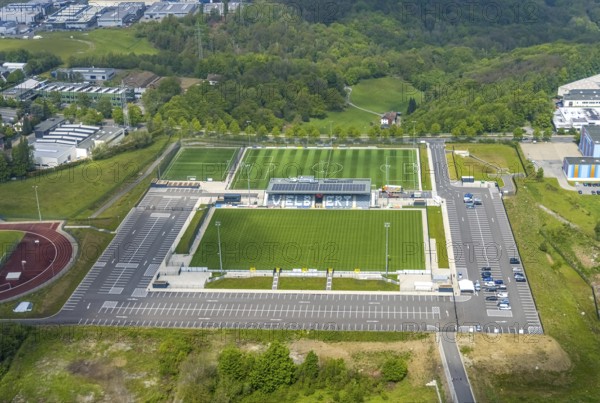 Aerial photo, Corona rapid test station at the Oberliga stadium, EMKA Velbert sports centre,