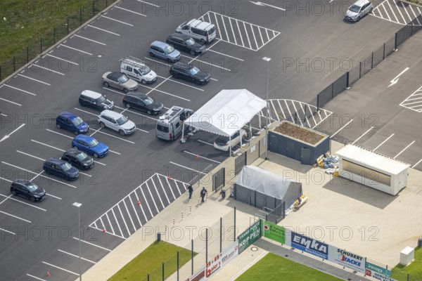Aerial photo, Corona rapid test station at the Oberliga stadium, EMKA Velbert sports centre,