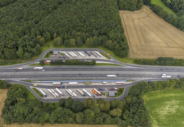 Aerial view, motorway A44 with rest area Grüntal and rest area Buchenhain, Ostbüren,