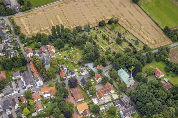 Aerial view, Protestant church Hemmerde, Catholic church St. Peter and Paul and cemetery, Hemmerde,
