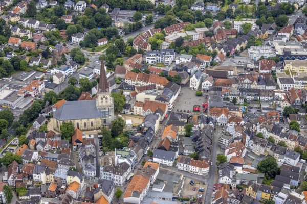 Aerial view, construction site and renovation of the protestant town church, old town market