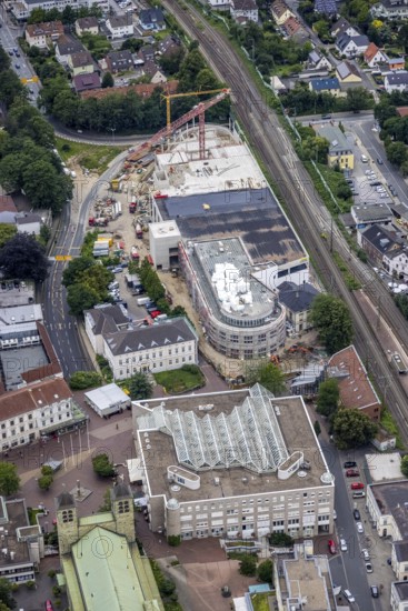 Aerial view, construction site and new building shopping centre, former site Mühle Bremme, town
