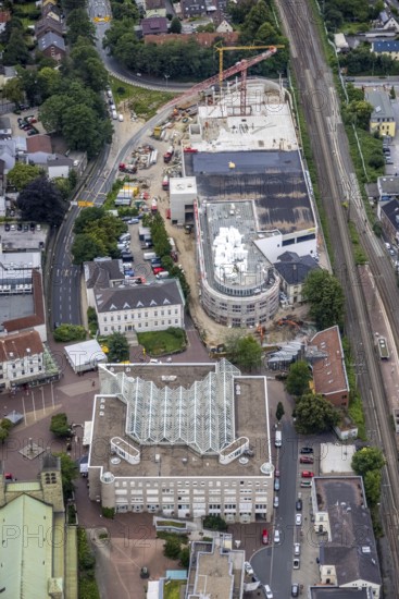 Aerial view, construction site and new building shopping centre, former site Mühle Bremme, town