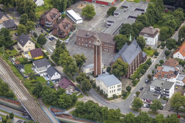 Aerial view, Catholic Church of the Sacred Heart of Jesus, School at Friedrichsborn, Königsborn,