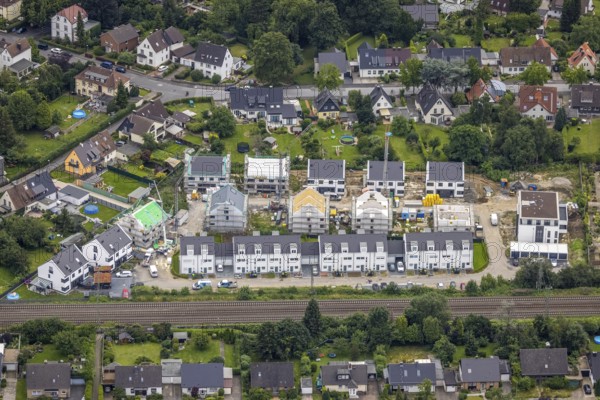 Aerial view, construction site and new construction of residential buildings at Hof Drücke