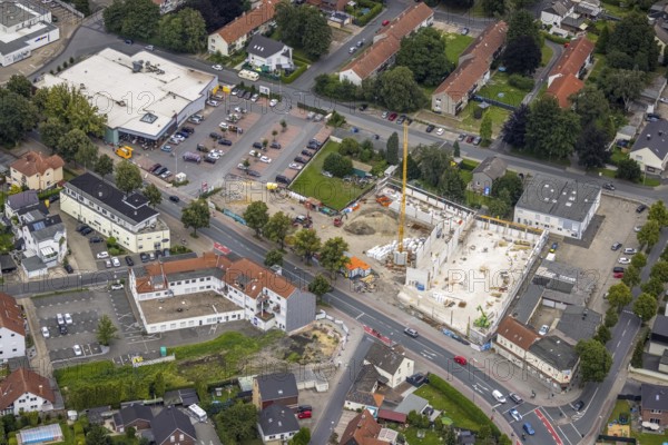 Aerial view, construction site and new building Aldi supermarket Kamener Straße, Rewe supermarket,