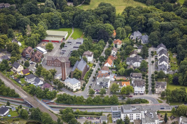 Aerial view, Catholic Church of the Sacred Heart of Jesus, School at Friedrichsborn, Königsborn,