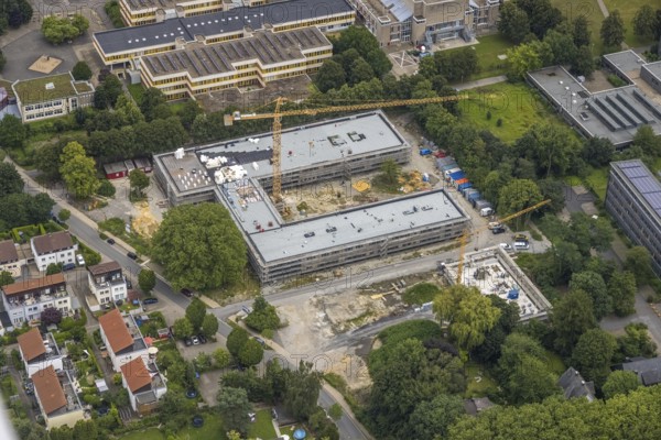 Aerial view, construction site and new building Bildungscampus Unna, new building kindergarten