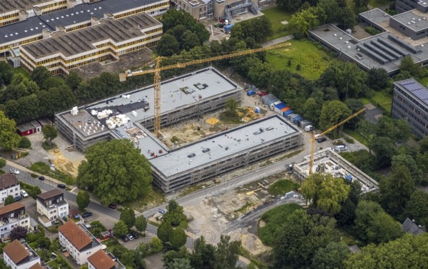 Aerial view, construction site and new building Bildungscampus Unna, new building kindergarten