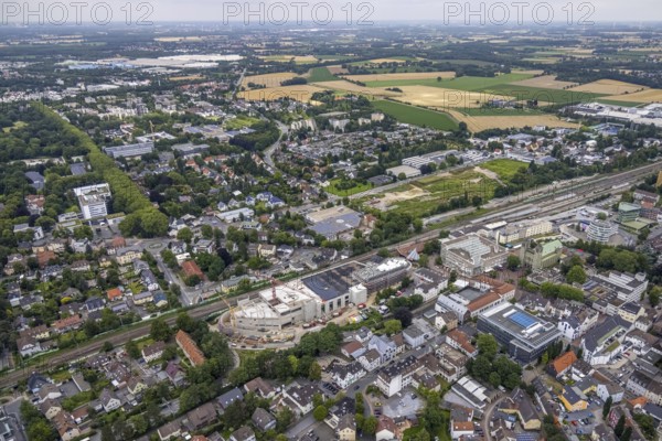 Aerial view, construction site and new shopping centre, former Bremme mill site, Unna railway